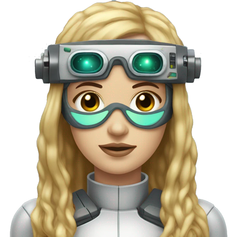 female cyborg head, fair skin, Brown long hair with blonde steaks, space age goggles and circuits emoji