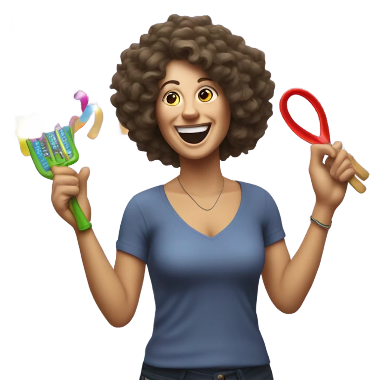 40-year-old white woman woman partying dizzyingly, with frizzy hair and party tools  emoji
