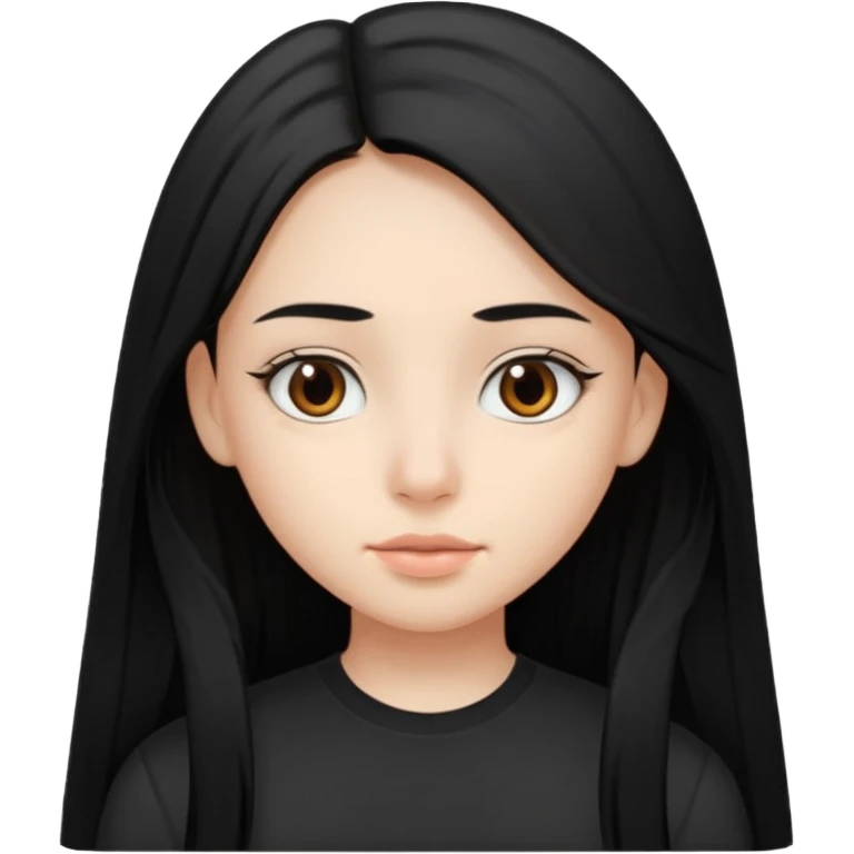 Cabelos pretos longos lisos ,olhos castanhos puxadinho para cima. Pele clara ,nariz pequeno ,lábios carnudos ,adolescente emoji