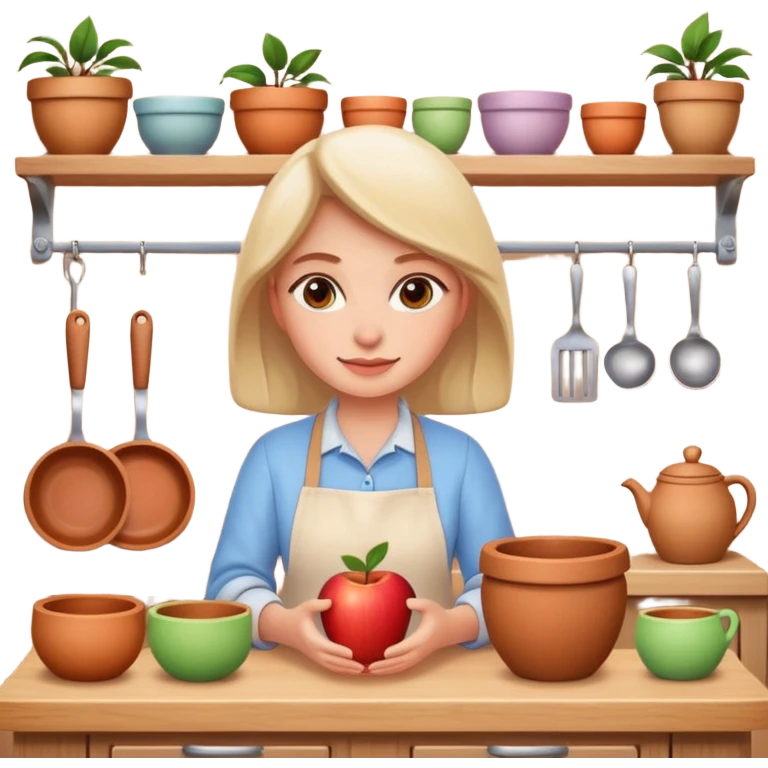 cartoon Apple iOS emoji style woman, pastel colors, Chilean wooden kitchen background, clay pots, warm light, detailed and clean vector art emoji