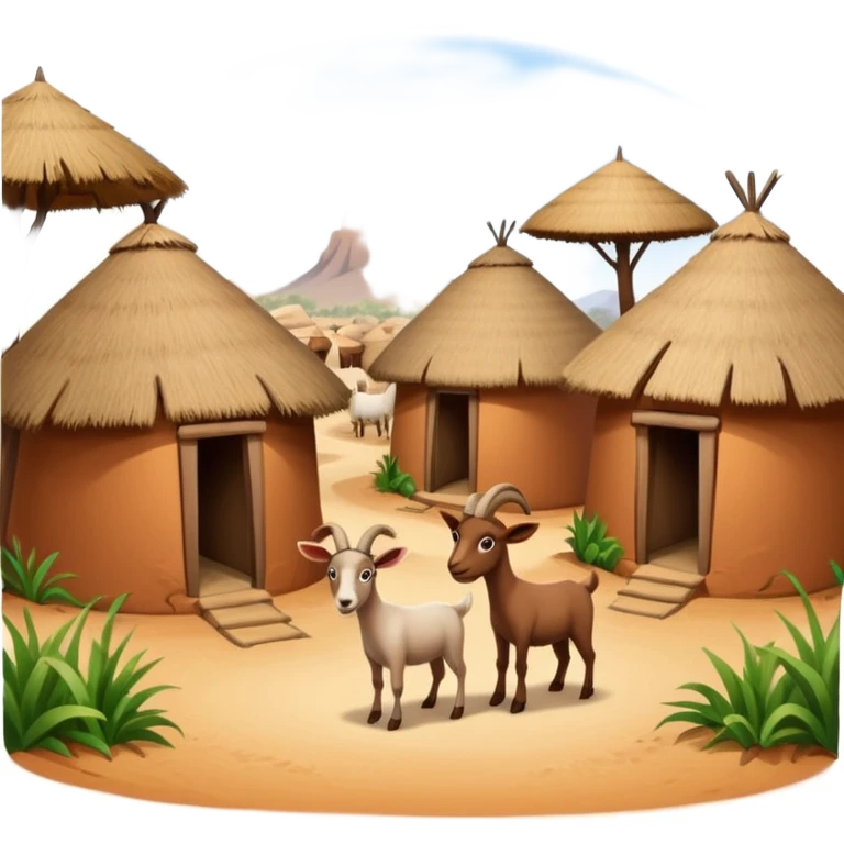 afrikanisches Lehmhüttendorf mit Gras und Ziegen emoji