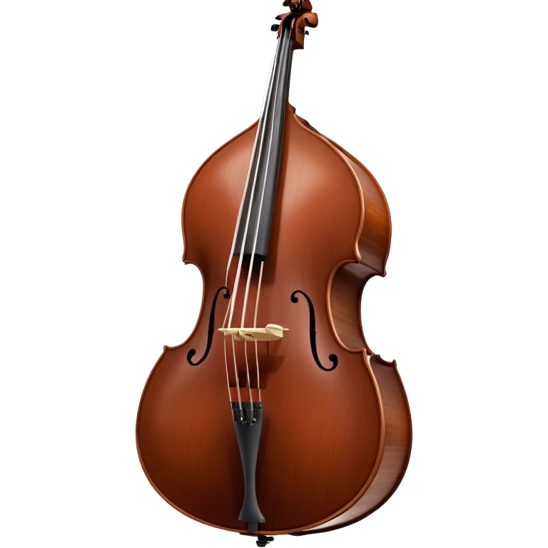 Create an elegant and detailed emoji representing a Gliga Gama double bass with bow. The design should showcase the large, sleek body of the double bass with its rich wood finish, including the characteristic curves and deep tone holes. The bow should be elegantly positioned next to the instrument, highlighting the hair and smooth wooden stick. Use warm wood tones like chestnut brown for the body of the bass, silver accents for the fittings, and dark brown for the bow. Add subtle musical notes or sound waves flowing from the bass to represent its deep, resonant sound. The background should be transparent. emoji