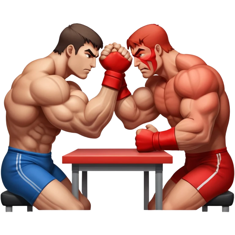 Two powerful arms locked in an intense arm wrestling competition. One arm is strong and steady, while the other strains to push back. The background shows a simple table with a focus on the clash of strength and determination. Transparent background. emoji