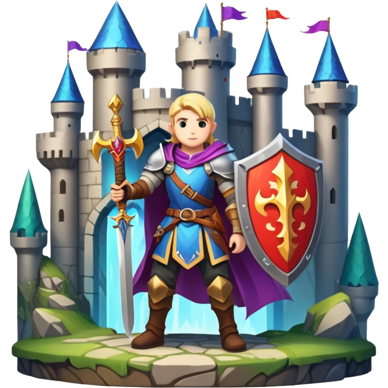 An icon symbolizing a RPG game, featuring a character holding a sword and shield, standing in front of a fantasy world with castles, dungeons and mythical creatures. The design emphasizes exploration, quests with elements like health bars and inventory icons. Transparent background emoji