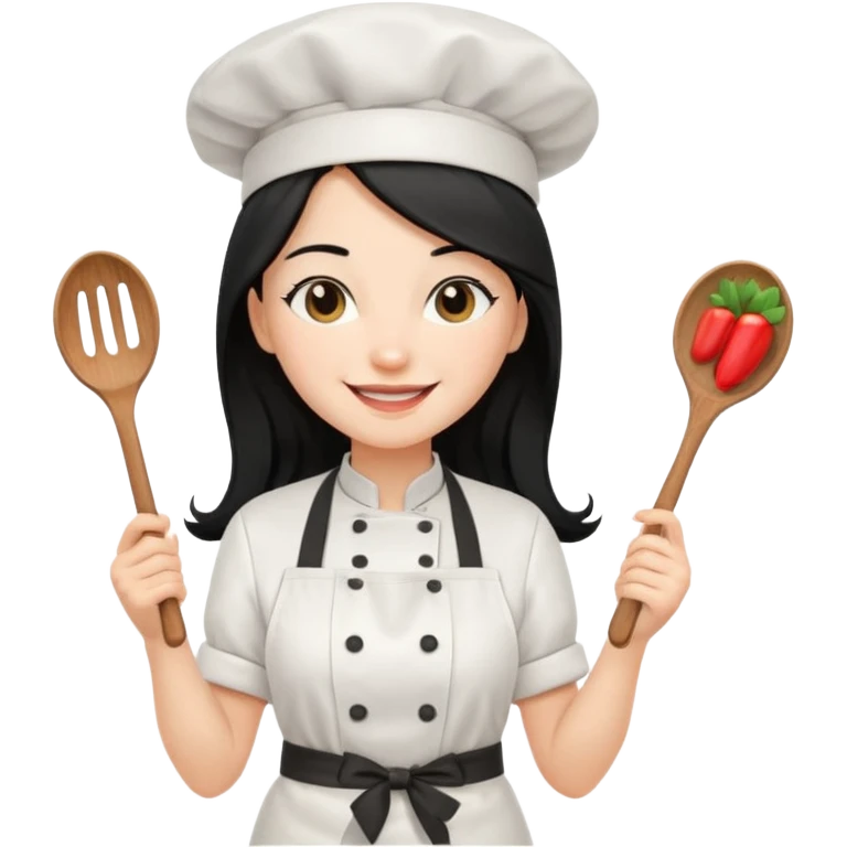 조리도구 든 대사관하얀 검정 긴머리 여자요리사 emoji