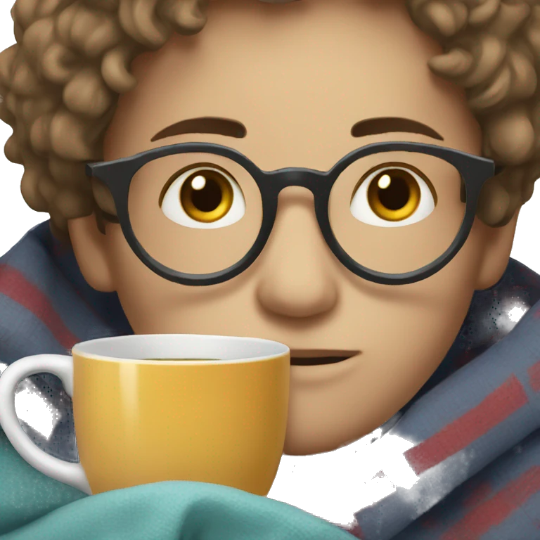 a boy in glasses drinking tea in a blanket emoji