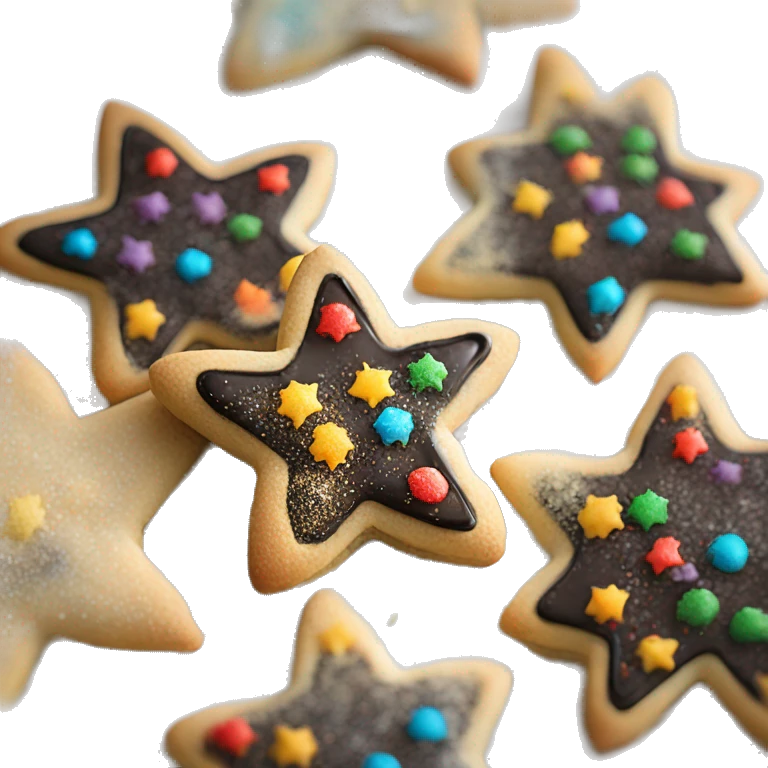 Create a smiley Christmas cookie in the shape of a star or snowflake. The cookies are decorated with black icing and sprinkled with colored sugar. It should look appetizing and festive emoji