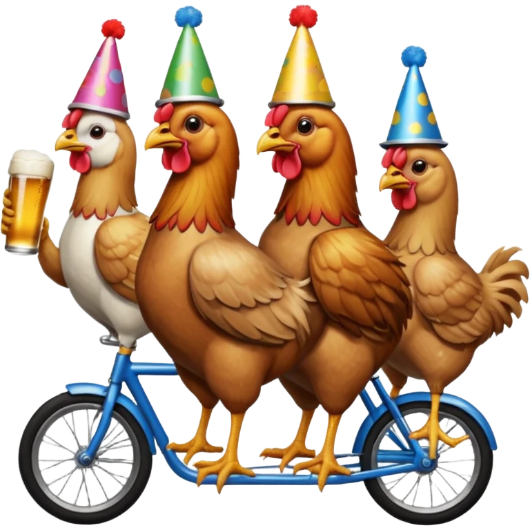 Ten chickens on a partybike while drinking beer emoji
