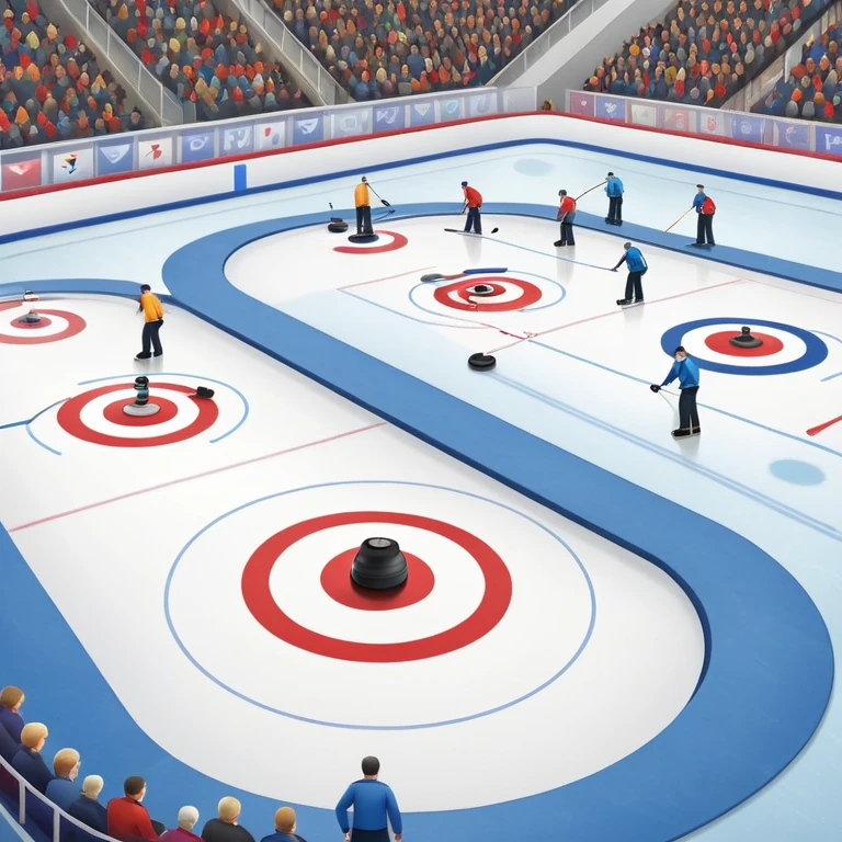 An icon showing a curling match on an indoor ice stadium, with a polished curling stone gliding toward the target and players sweeping. Spectators watch from stands, and flags hang above the rink. Transparent background highlights strategy and focus in the sport of curling. emoji