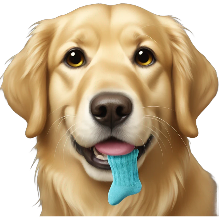 Golden retriever with sock dangling from mouth emoji