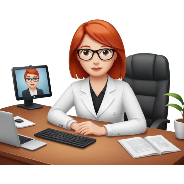 “Red-haired therapist on a video call, sitting in a calm home office, looking at the webcam, client visible on screen, professional yet warm atmosphere, realistic style.” emoji