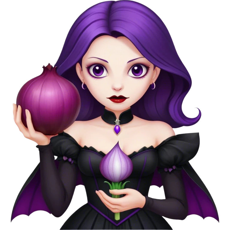 The vampire in black dress, holding a big violet onion  emoji