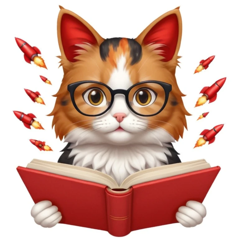 Girly cat reading a book with red alert sirens and rockets flying behind emoji