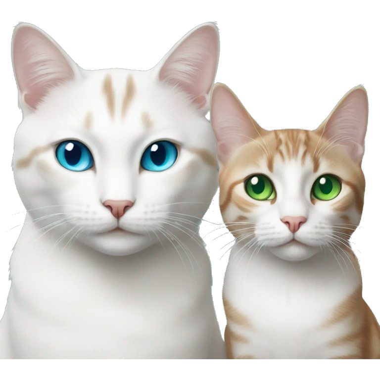 white cat with blue eyes and tabby cat with green eyes emoji