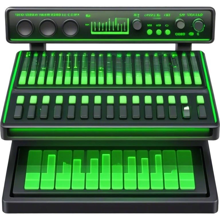 Create a creative and technical emoji that represents sound design. The design should feature a sound mixing console, audio waveforms, and sound effects icons (like a reverb or delay knob) to symbolize the manipulation and crafting of sound. Add elements like a synthesizer or audio interface to reflect the electronic aspect of sound creation. Use colors like neon green, blue, or purple to represent the innovative and experimental nature of sound design. The background should be transparent. emoji