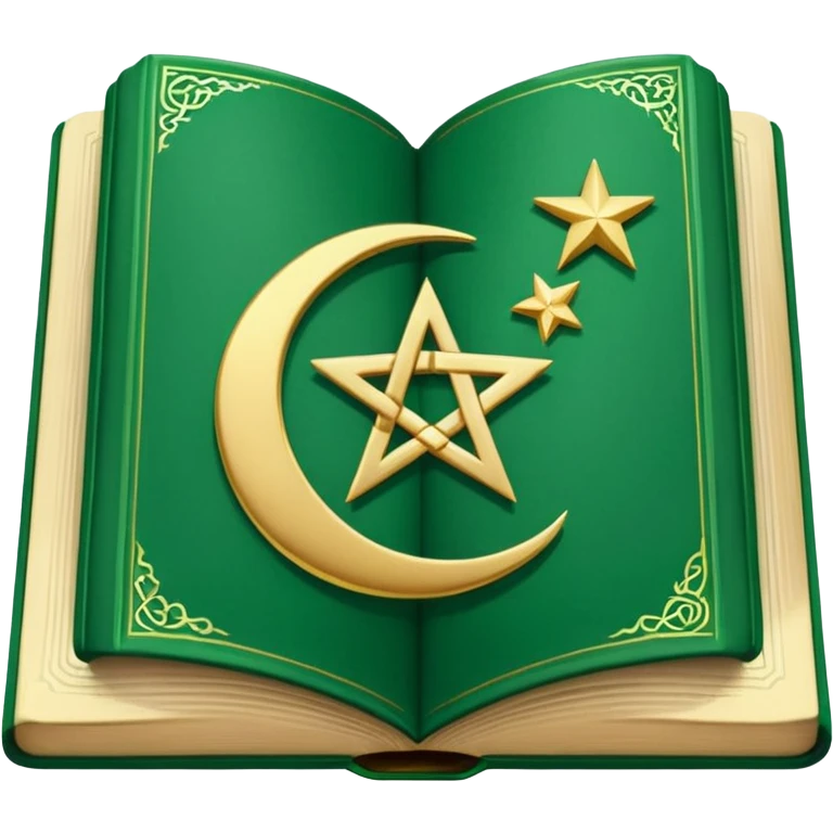 Closed Quran with the Islamic Symbol on it (moon and star) green from left to right emoji