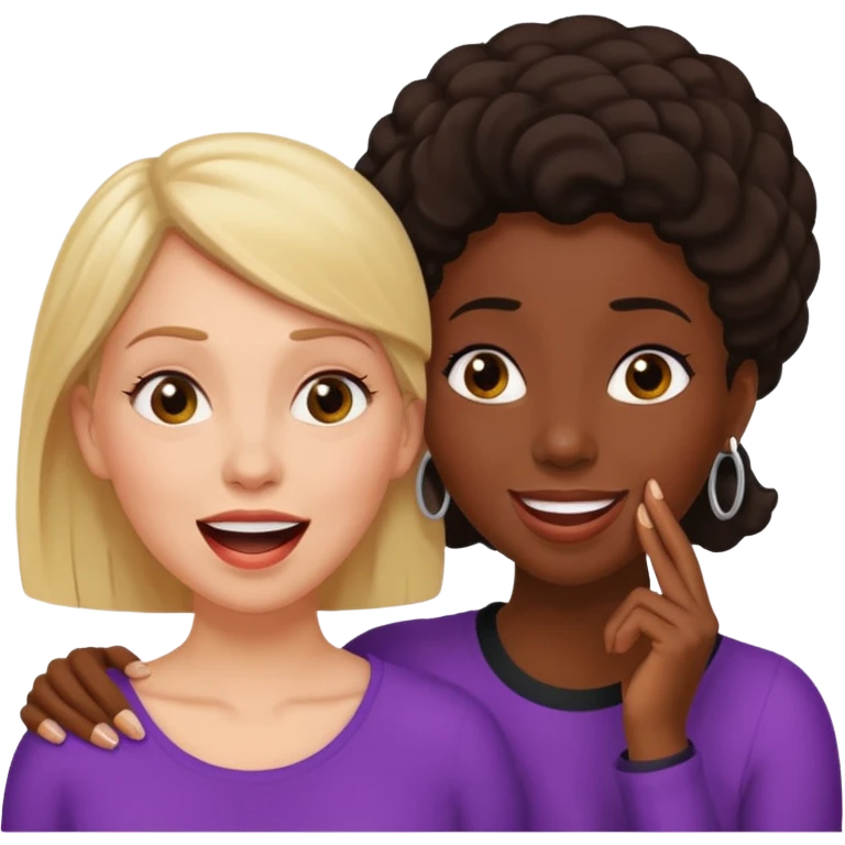 Devious cheerful white woman whispers in surprised embarrassed black woman's ear. emoji