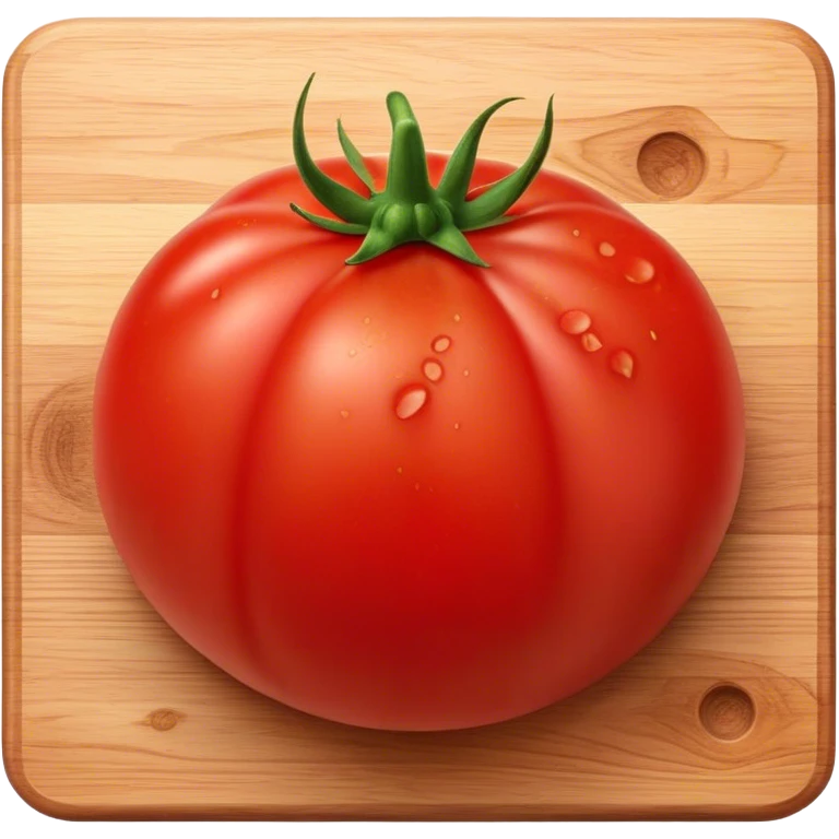 Cinematic juicy ripe tomatoe, deep red, slightly dewy, arranged on a wooden cutting board, soft glowing background, rich and flavorful. emoji
