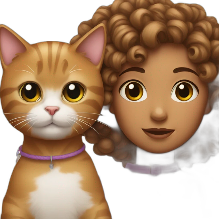 a girl with curly hair tied up and a tiny cat besides her emoji | AI ...