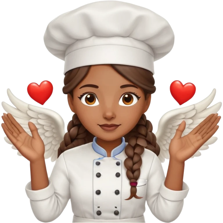 Brown-skinned female chef with long braided brown hair, wearing a chef's hat, with both an angel halo and devil horns, making a heart shape with her hands emoji