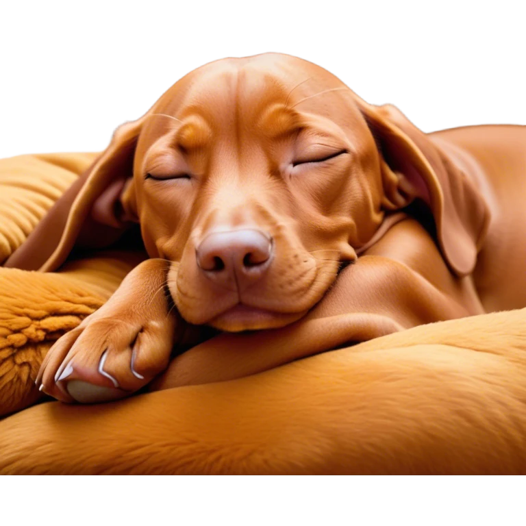 Meme-Worthy Cute Sleeping Vizsla Portrait Emoji, Head resting peacefully with a contented smile, showcasing a sleek, athletic build and a luxuriously soft rust and gold Fur, eyes shut in a serene nap, Simplified yet hilariously adorable features, highly detailed, glowing with a soft, drowsy light, high shine, relaxed and utterly lovable, stylized with an air of playful laziness, bright and heartwarming, soft glowing outline, capturing the essence of a comically sleepy companion, so meme-worthy it feels like it could instantly become the next viral sensation of adorable slumber! emoji