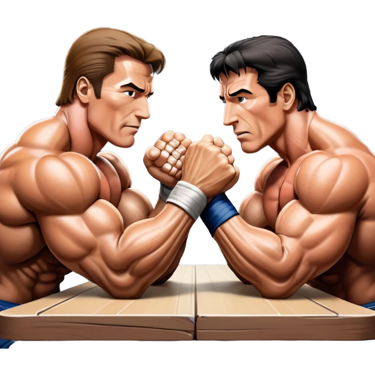 Arnold Schwarzenegger VS Sylvester Stallone from 'Over the Top,' locked in an arm wrestling battle, using only their right hands. Their left hands rest on the table. Both display immense strength, with muscular arms flexing, under bright competition lights. Transparent background. emoji