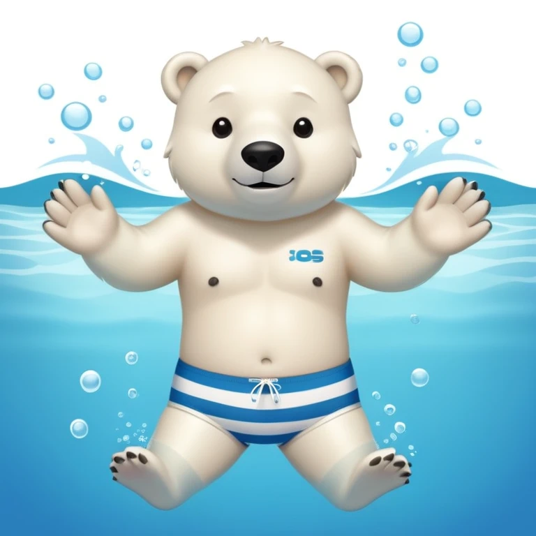 friendly anthropomorphised polar bear swimming in a wide pool scene, wearing striped swim trunks and snorkel gear emoji