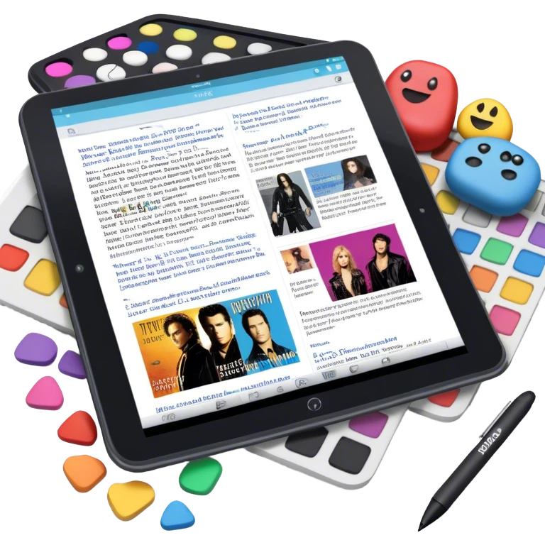 Create an emoji representing fanfiction writing. The design should feature a tablet with a screen displaying images of rock and movie stars, symbolizing the inspiration from popular culture. Next to the images, there should be visible text representing the fanfiction being written. A stylus should be placed near the tablet to emphasize the act of writing. Use a creative and expressive color palette with vibrant and neutral tones. Do not include any emojis or smiley faces. Make the background transparent. emoji
