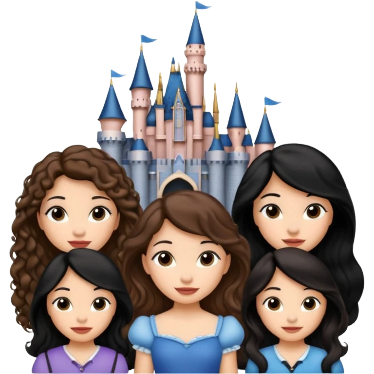 Quiero que crees una imagen donde este el castillo de Disney y por detrás o delante pon a 4 chicas: una con el pelo largo rizado marrón , otra con el pelo muy corto negro, como un chico, otra con el pelo mediano liso marrón y otra con el pelo negro largo liso  emoji