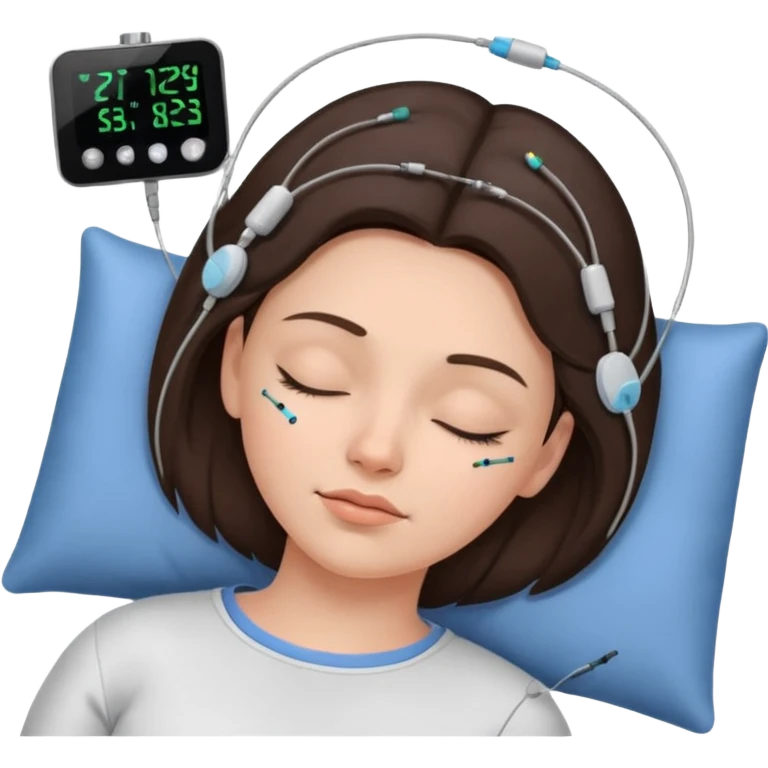 brunette woman sleeping polysomnography sleep test with electrodes attached to head emoji