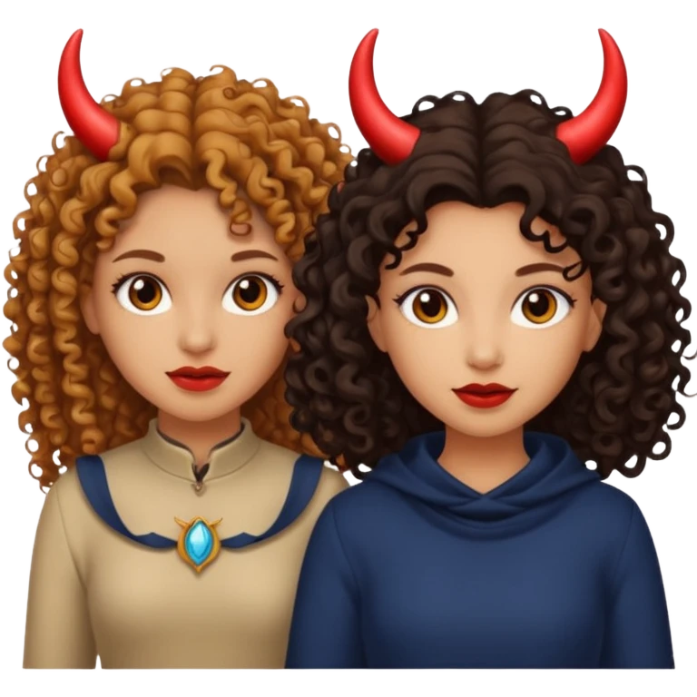 Pretty tan skinned, curly hair girl with light skin, long, dark haired girl with not devil horns emoji