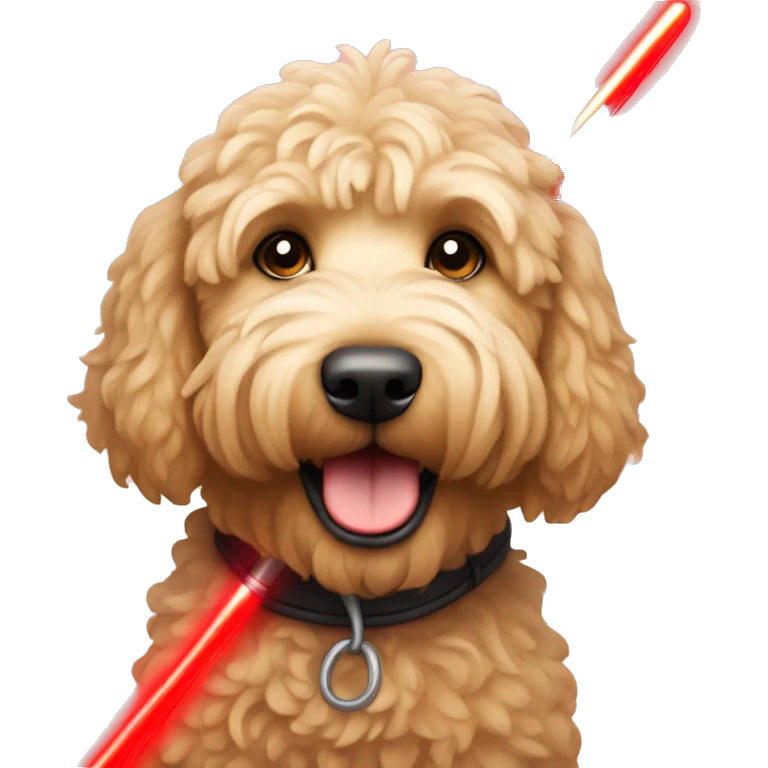 Golden doodle with a red lightsaber emoji