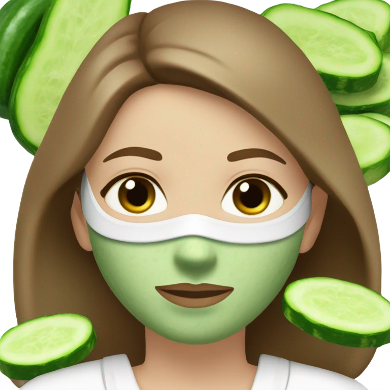 White girl with Brown hair and blue eyes wears a Green clay colored skincare textured mask and puts on cucumbers around her eyes while She relaxes in her white Robe emoji