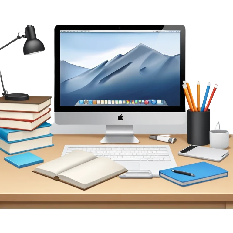 Computer on a desk with scattered books and notebooks emoji