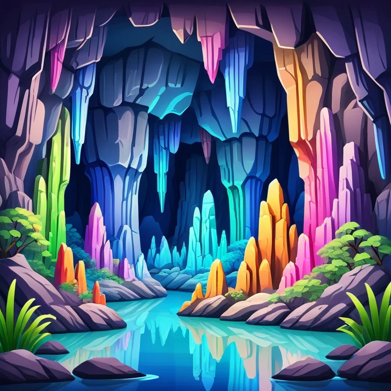 Reed Flute Cave Guilin with colorful lighting, simplified emoji style with bold outlines and bright colors, cartoon style cave with stalagmites emoji