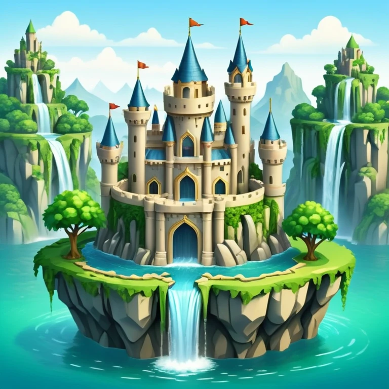 Fantasy castle on a floating island with waterfalls emoji