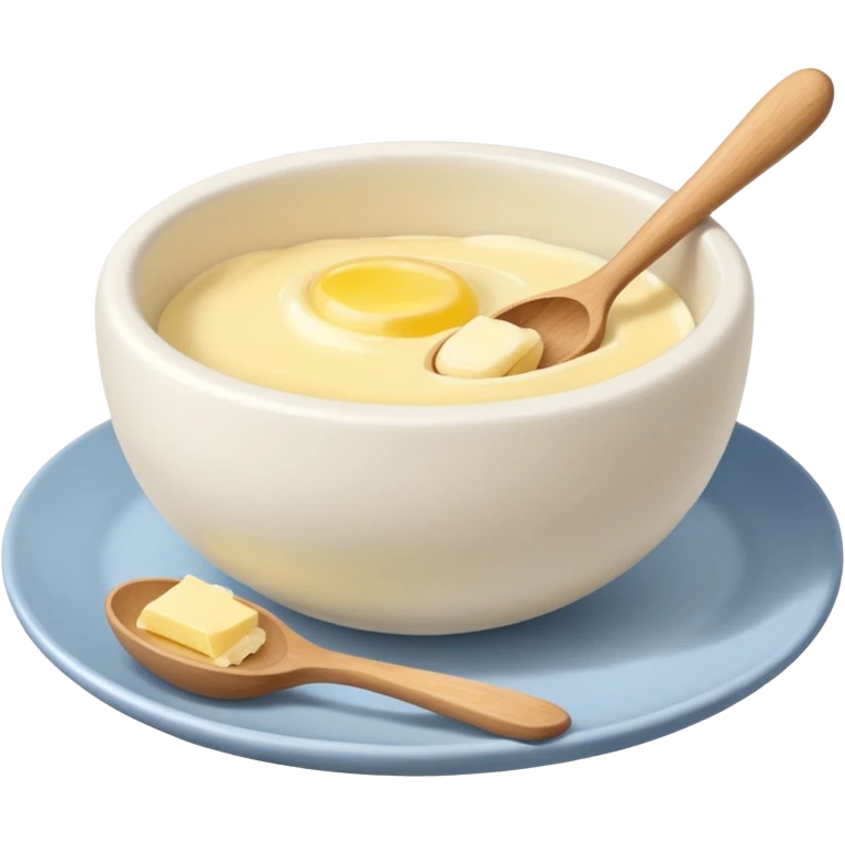 a dozen eggs, a ceramic mixing bowl with a wooden spoon and a plate of butter emoji