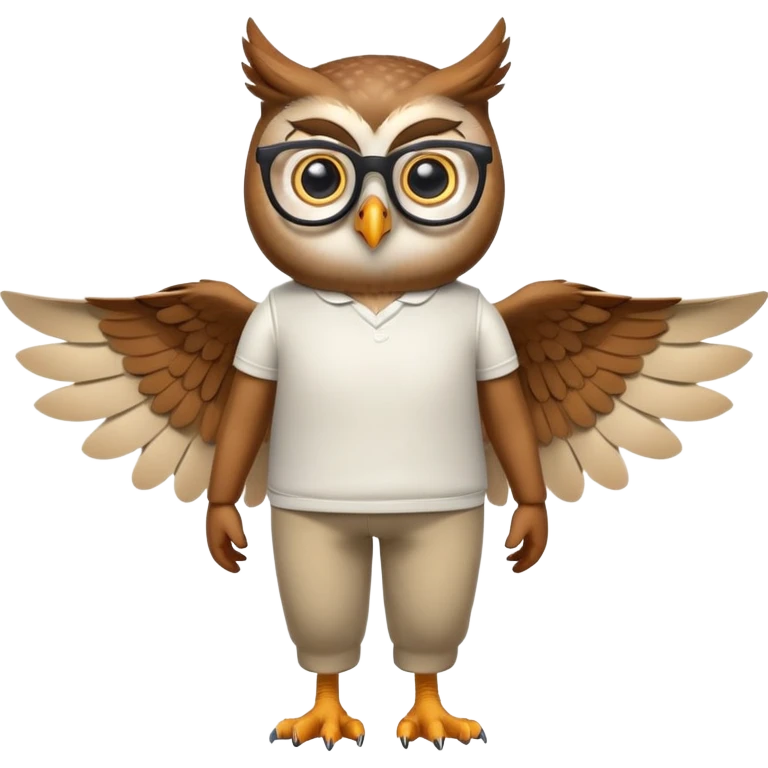 friendly anthropomorphised owl with wings instead of arms, in pants and a shirt, wearing glasses, walking upright, standard pose emoji
