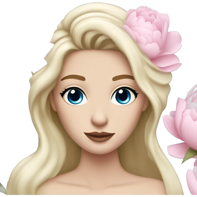 White bride with long light blonde hair and blue eyes with light pink peonies in hair white skin  emoji