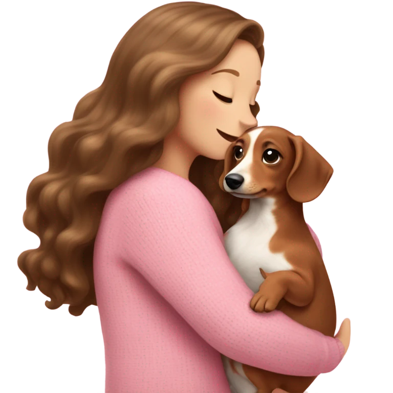 Brunette white girl with long wavy hair in a pink sweater holds a brown and cream dachshund long-haired puppy in her arms emoji