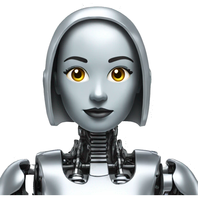 Create a bald female robot in chrome metal color in a futuristic environment emoji