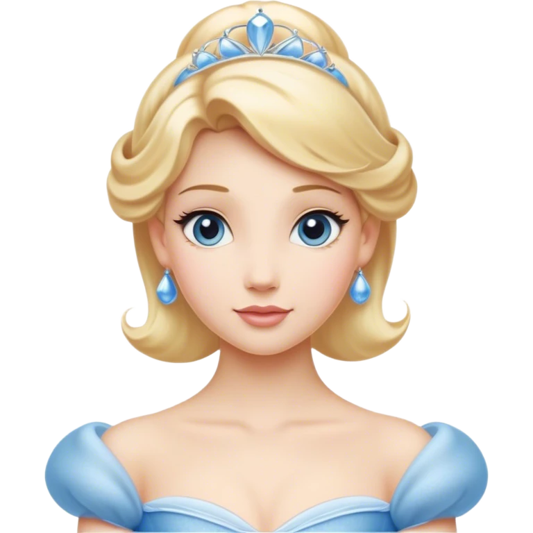 Cinematic Elegant Cinderella Portrait Emoji, rendered in a realistic, vector-style with minimal shading and bold, simplified shapes. Depict Cinderella in her classic ball gown (chest and above) with fair, porcelain skin and elegantly styled blonde hair, her eyes soft and kind, and her expression serene and graceful. The design glows with a gentle, enchanting radiance and high shine, capturing the timeless beauty of a fairy tale princess. emoji