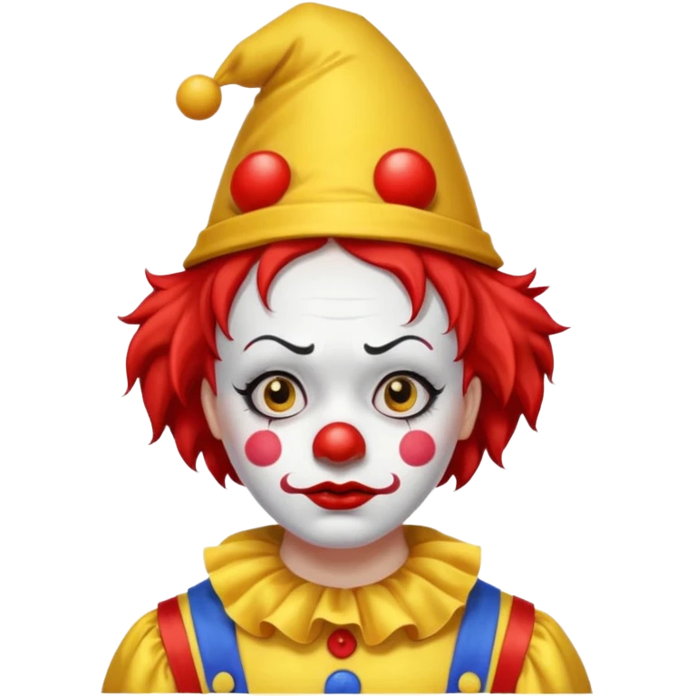 Yellow pointed hat with a red tip.

Red hair sticking out on the sides.

White face paint with black eyebrows, red nose, and red lips.

Wearing a yellow clown costume with red buttons.

Sad, concerned expression. emoji