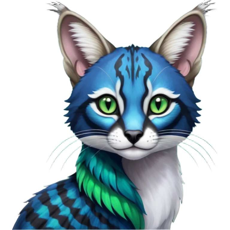 Colorful dark tropical cobalt-blue, black, white fur, with green eyes, iridescent glorious divine exotic cute cool beautiful shiny beautiful fantasy-caracal-civet-genet-sergal-vernid-Cacomistle-Furret-civet-oncilla-animal-Fakémon-hybrid-fursona with pattern markings (full body) emoji
