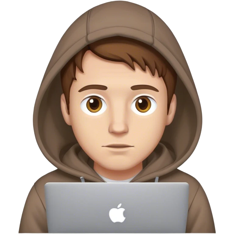 Homme blanc cheveux brun avec capuche et macbook emoji