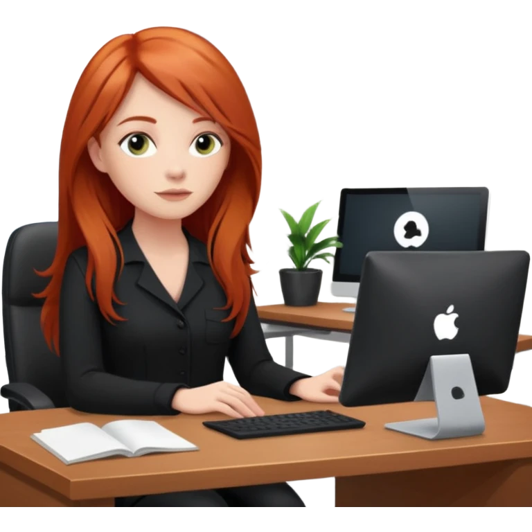Video call therapy session: red-haired therapist with long hair wearing black minimalist clothing, seated in a professional home office, looking at the webcam; calm, modern teletherapy setting emoji