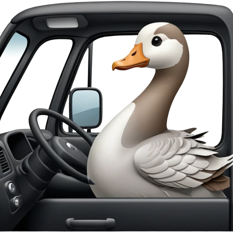 Goose driving a black truck from the driver seat emoji