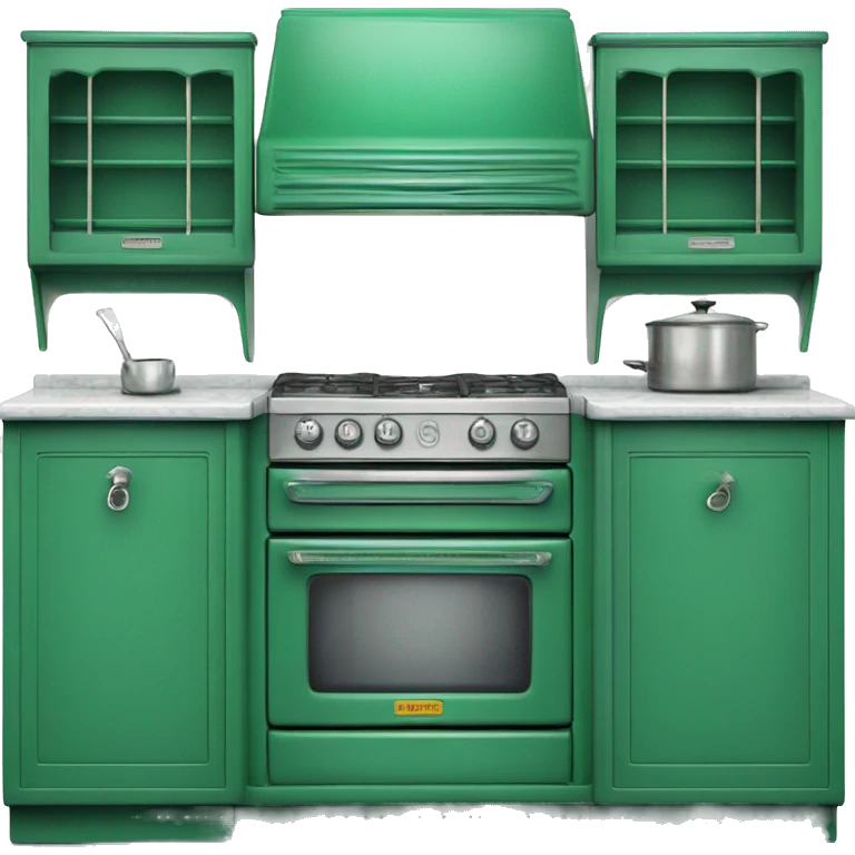 Isolated full length Realistic emerald green vintage retro kitchen range with cabinets and counters. emoji