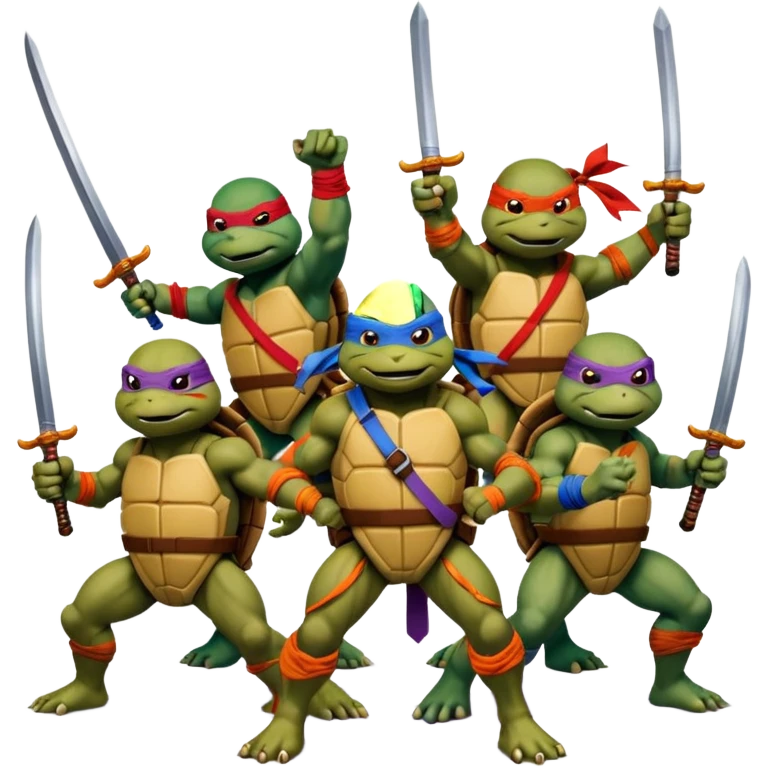 Vector emoji sticker of 4 Ninja Turtles: Leo (blue/swords), Raph (red/sais), Donnie (purple/staff), and Mikey (orange/nunchucks). Action poses, NYC rooftop, pizza box, bold comic style, white border. emoji