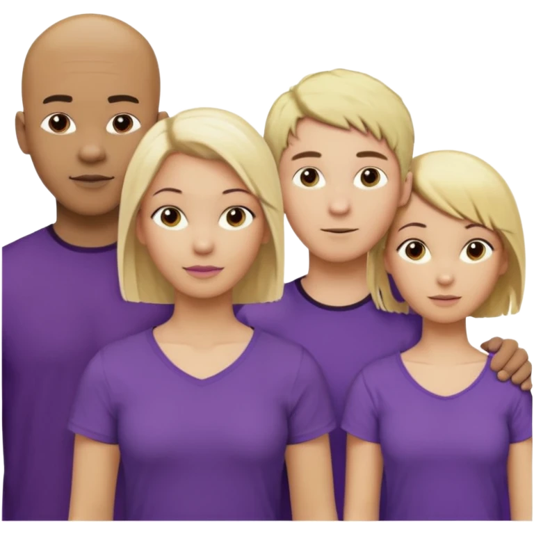 5 person team; 2 men and 3 women.  All dressed in yellow or purple.  1 caucasian woman with blonde mid length hair. 1 caucasian woman with blonde short length hair. 1 caucasian woman has ash blonde hair tied up. 1 man is African-american and bald, 1 man is caucasian and very little hair left.  
 emoji